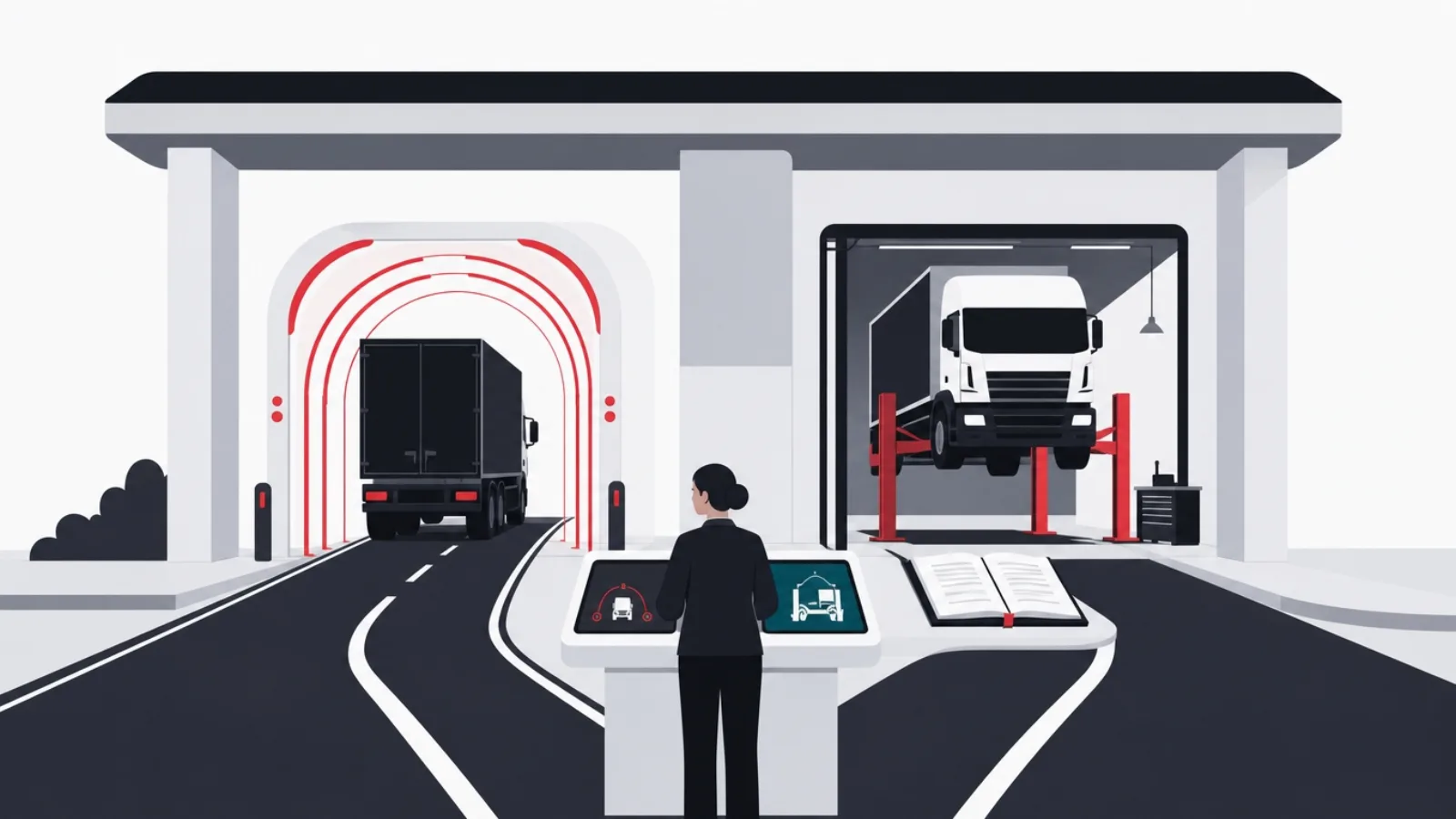 A road splitting into a sensor-archway scanning lane and a maintenance lift bay lane under one canopy, watched from a shared kiosk