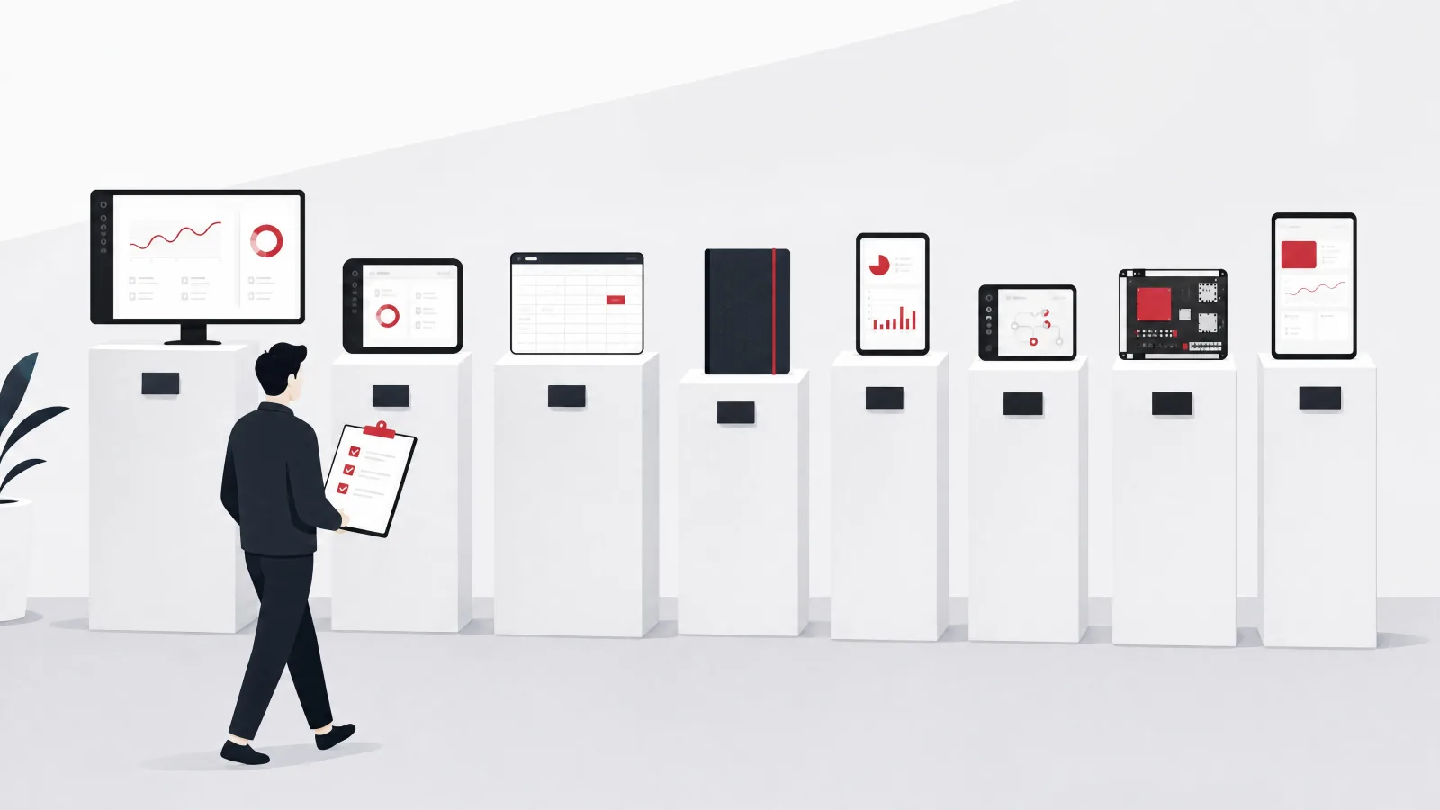 A buyer with a checklist walking a showroom of eight dashboard devices of different form factors on price plinths of varying heights