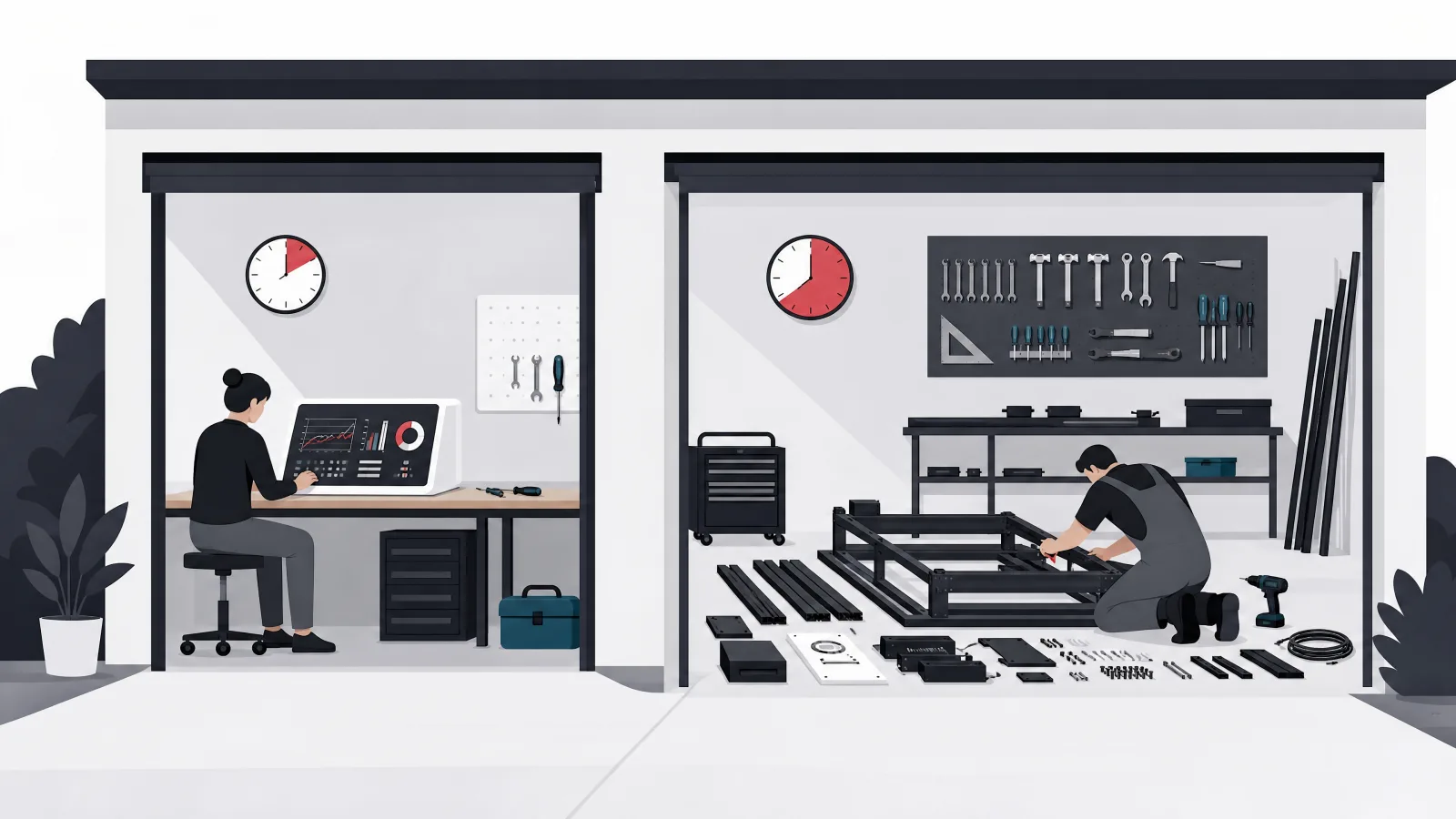 A compact assembled dashboard kit in use in one garage beside a larger kit in many parts being assembled in another, each with a wall clock showing different elapsed time