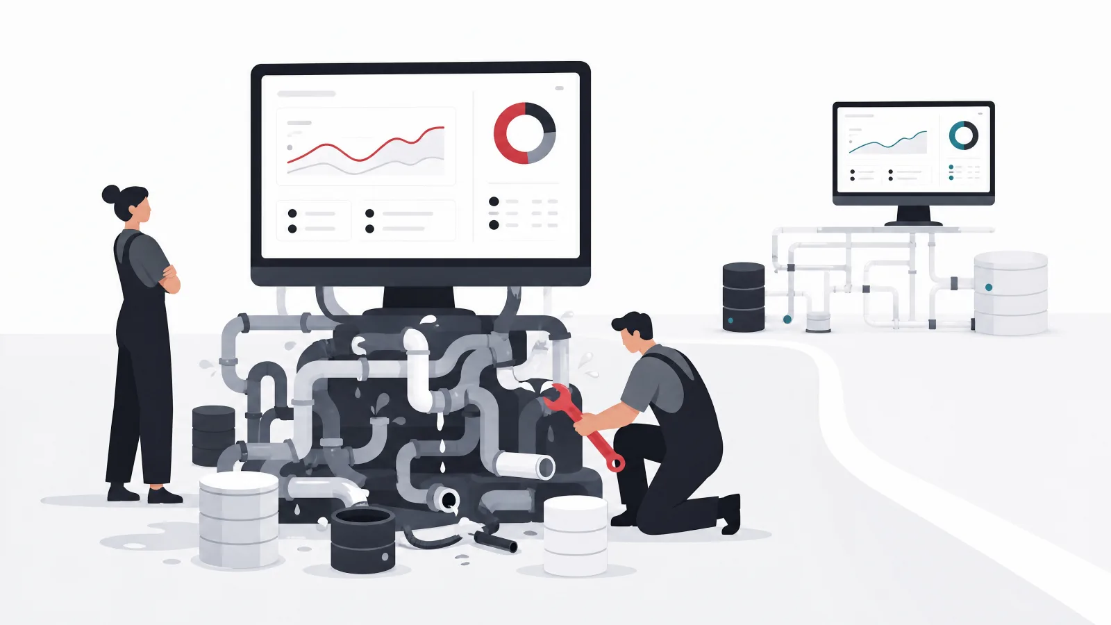 A dashboard monitor on a tangle of leaking mismatched pipes with a figure wrenching them, beside a clean finished plumbing stack with a working dashboard on top