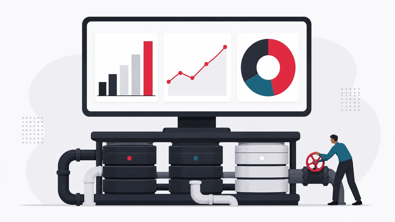 A dashboard monitor with three abstract charts standing on a plinth of data cylinders and pipes as large as the monitor, with a figure adjusting a valve