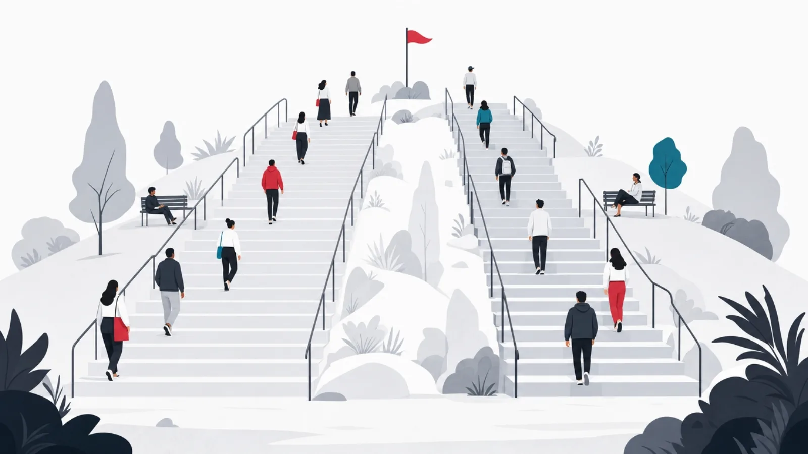 Two broad worn public staircases with many varied figures climbing toward a shared red-flagged summit