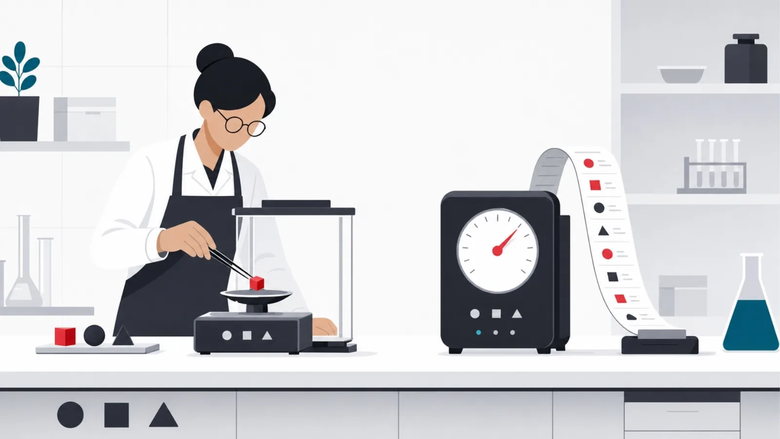 A figure weighing food on a lab balance beside a dial instrument that adjusts its own needle from past readings