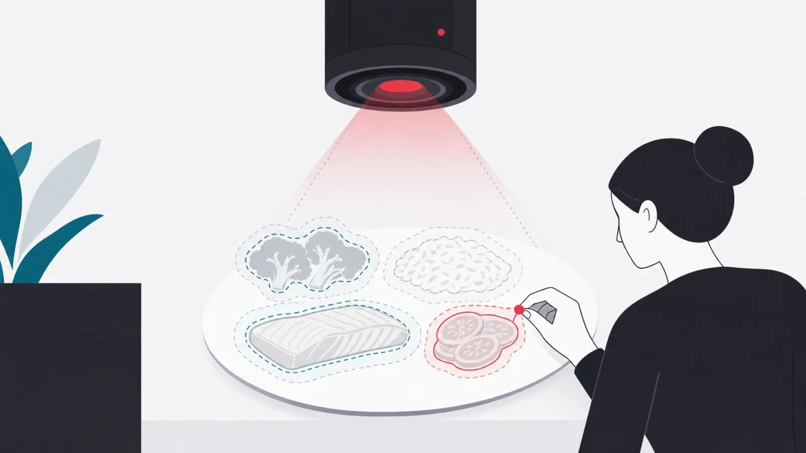 A camera eye scanning a plate into wobbly outlined shapes with tolerance halos, a figure hand-correcting one