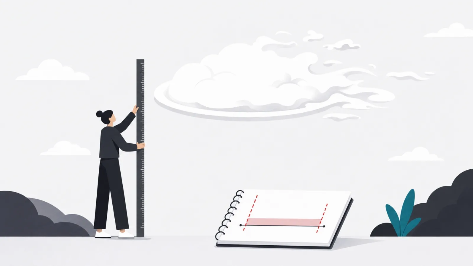 A figure holding a rigid ruler against a drifting meal-shaped cloud, a notebook recording a range
