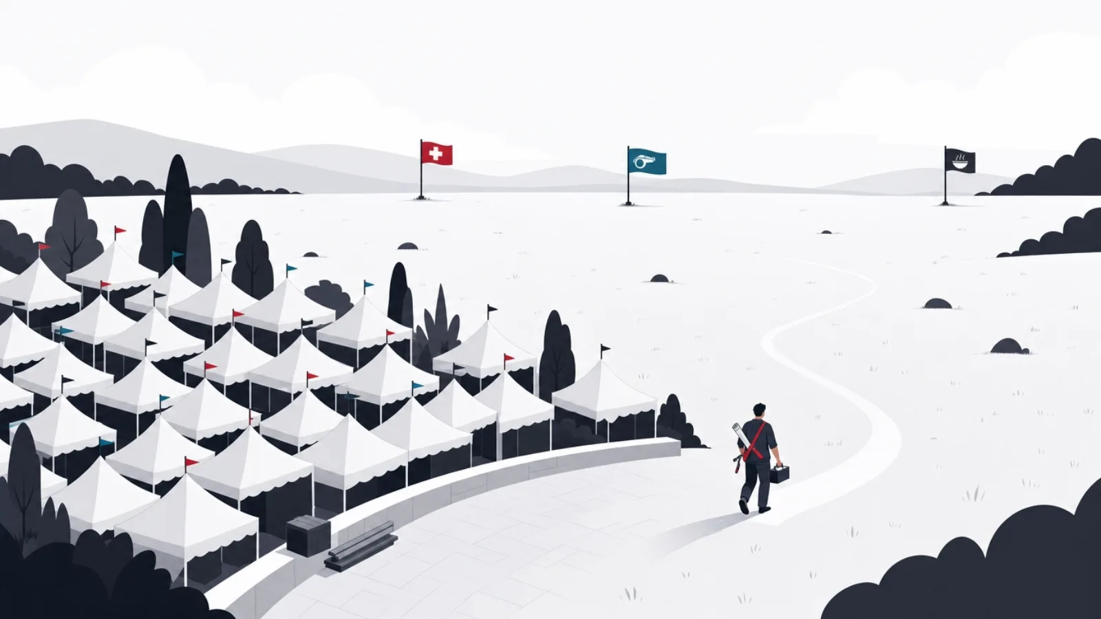 A builder walking past a crowded plaza of identical tents toward an open meadow with three distinct distant flags