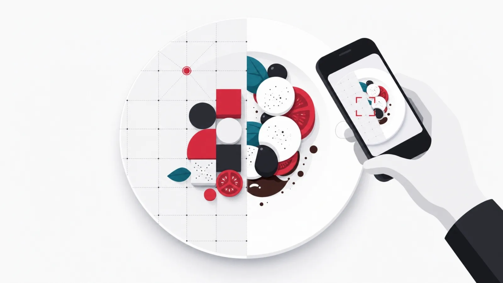 An overhead plate of geometric food shapes with a measuring grid overlaying half, a phone scanning above