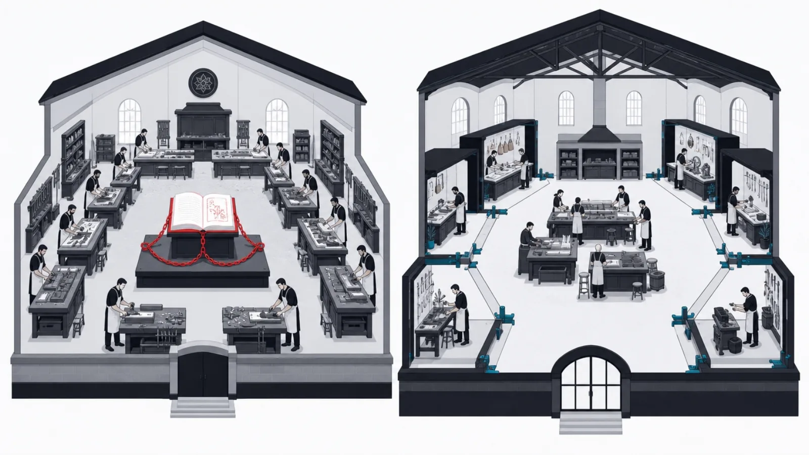 Two workshops, one guild building from a single chained pattern book, one market hall docking specialist stalls into standard fittings