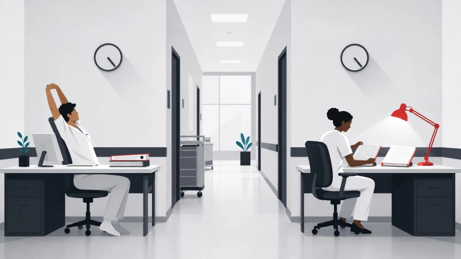 Two clinicians at end of shift, one closing a single ledger with the lamp off, one still working across two half-matching ledgers