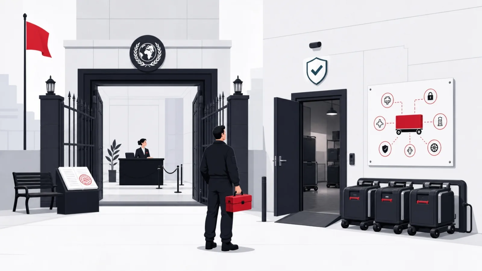 A builder facing two tower entrances, a formal embassy gate with credential desk and a standards-marked service door with a public fitting diagram
