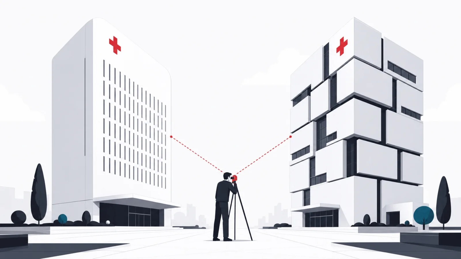 Two equal-height hospital towers, one seamless monolith and one modular block assembly, measured by a figure between them