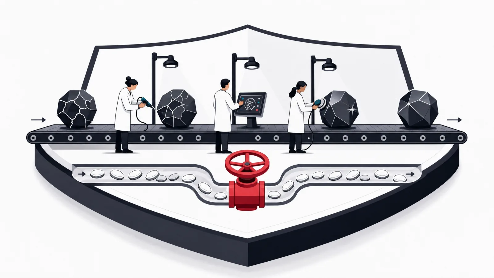 An assembly line on a horizontal shield restoring a cracked object while a valved coin channel flows beneath