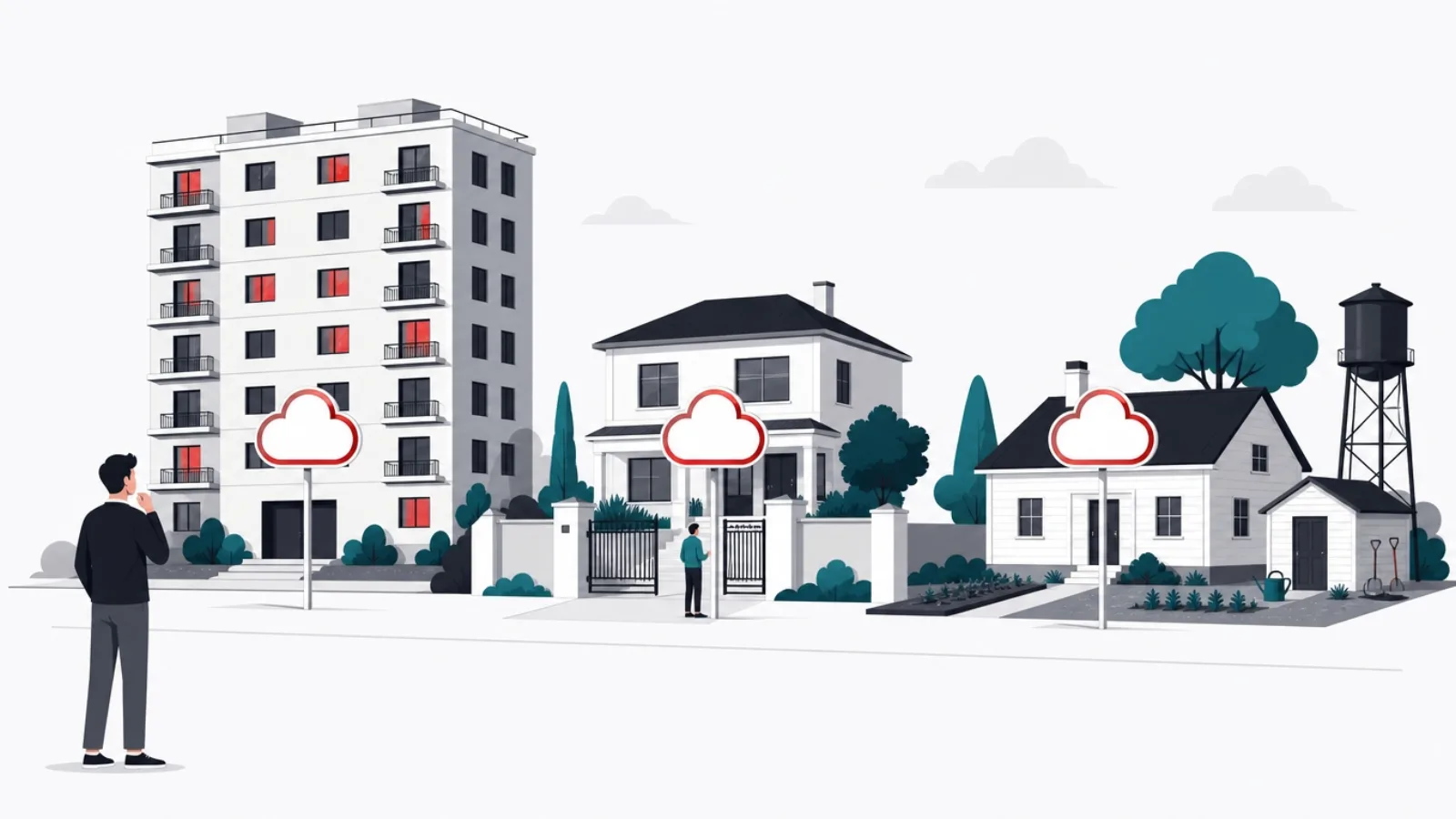 Three different buildings, a shared apartment block, a managed villa and a self-owned house, all under identical cloud signs