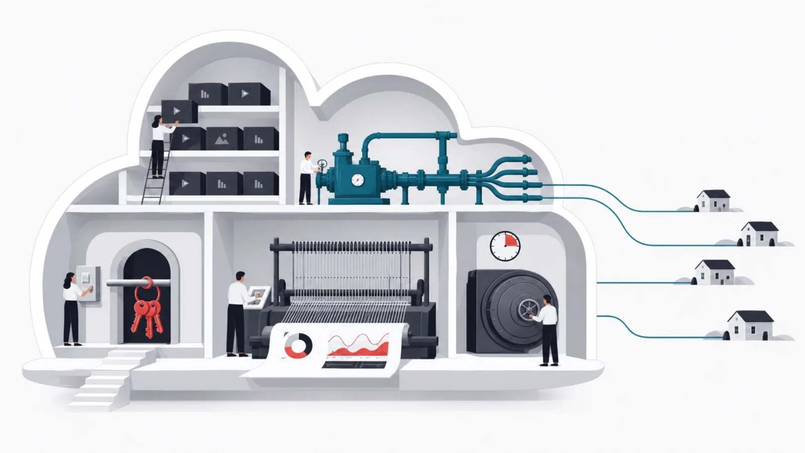 A cutaway cloud revealing content racks, a video pump with distribution pipes, an identity gate, a reporting loom and a backup vault
