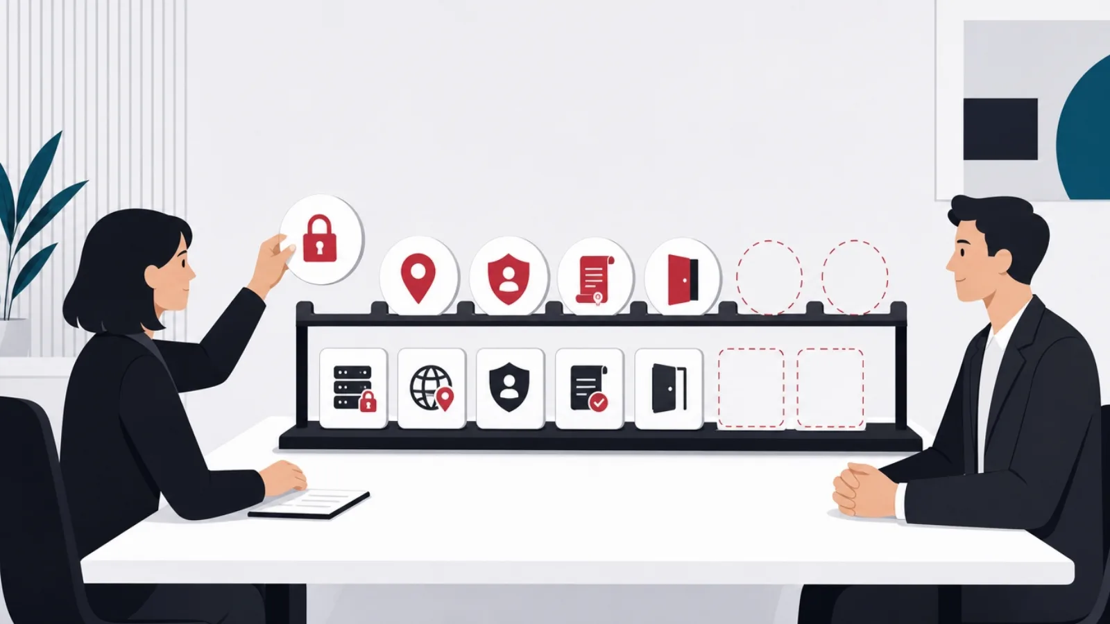 A buyer lifting question tokens for locks, data location, child protection, contracts and exits while a vendor fills answer slots, two empty