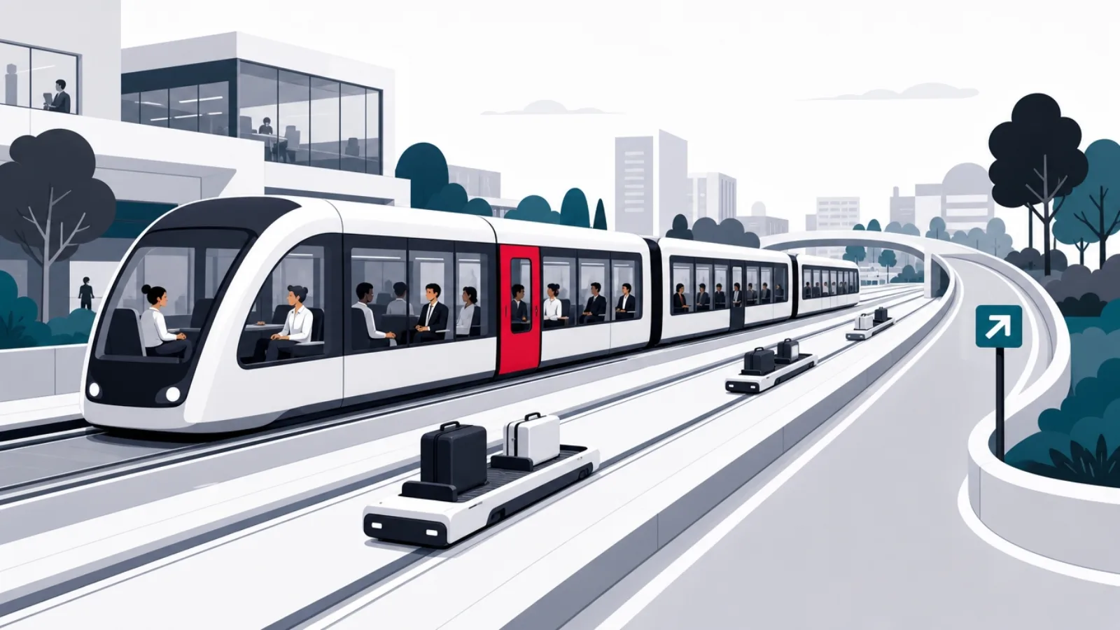A majority of figures traveling comfortably in shared transit cars on smooth rails, past a small untaken exit ramp