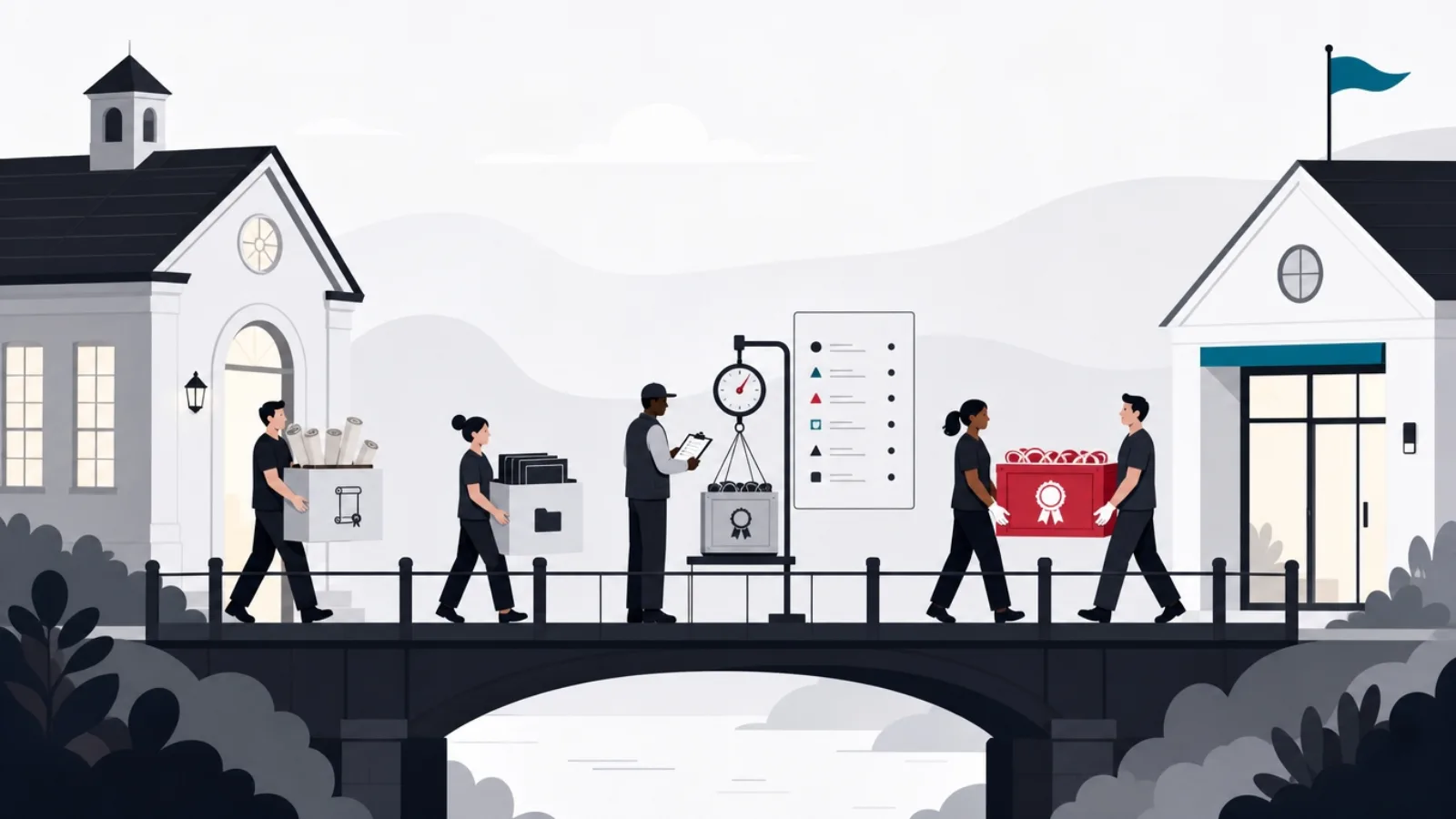 Movers carrying labeled crates across a bridge between schoolhouses while a midpoint checker verifies each against a manifest