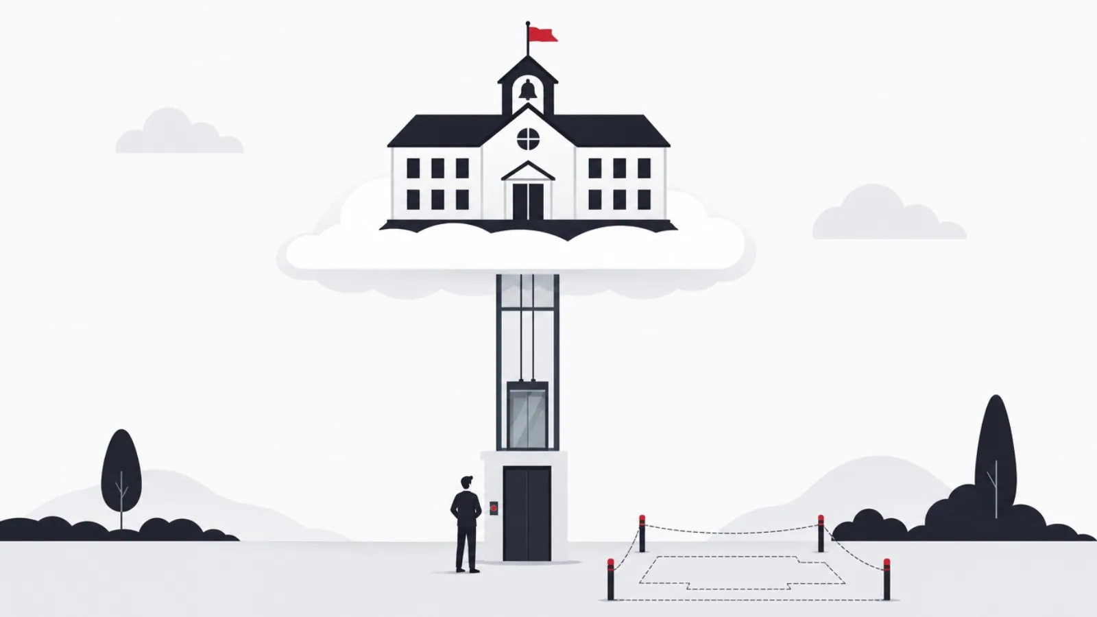 A schoolhouse on a cloud platform connected by an elevator to a staked-out foundation on solid ground, a figure deciding below