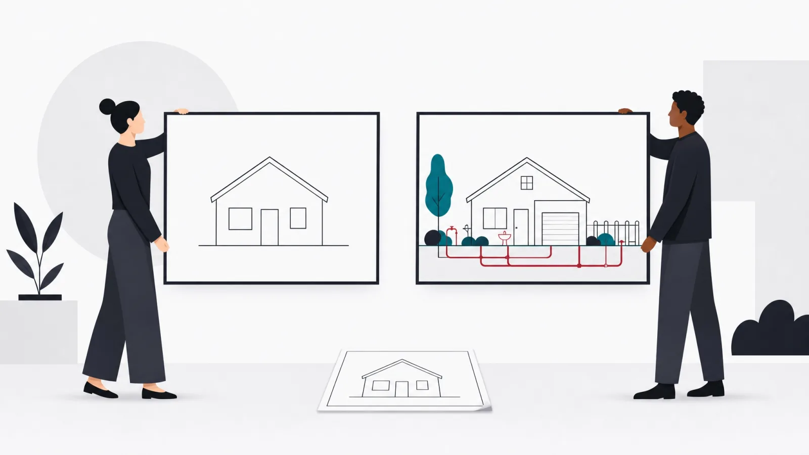 Two framed drawings of the same house, one a bare outline and one fully detailed, above a single shared blueprint