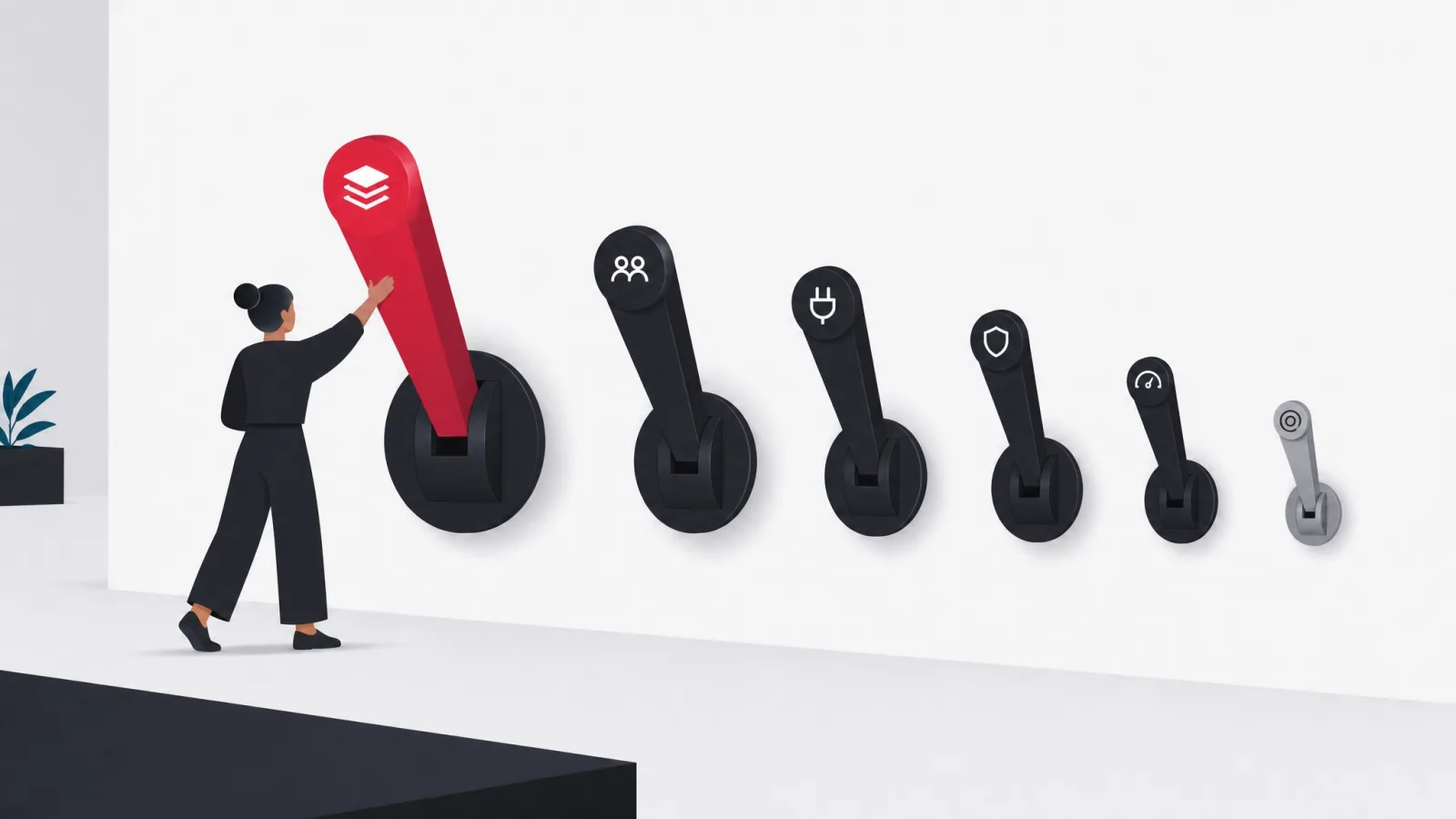 Six wall levers of decreasing size, a figure reaching for the largest one which is red