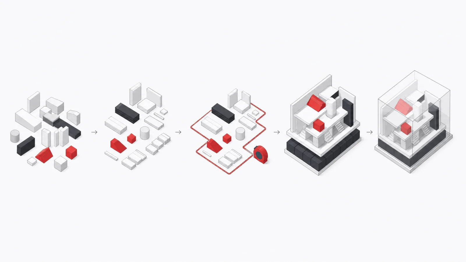 Five stages of assembling a transparent structure from measured, sorted blocks with visible foundations