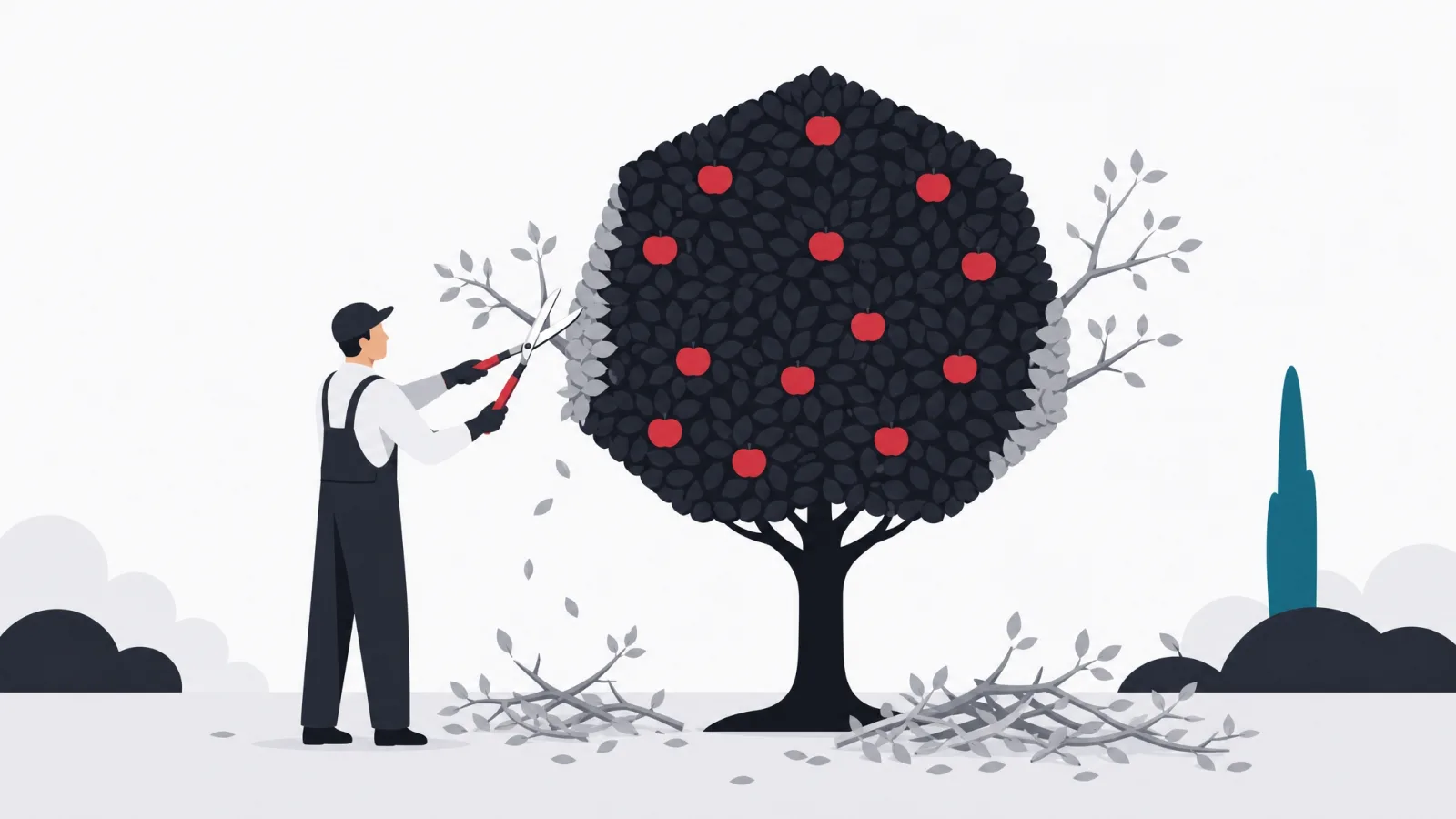 A gardener pruning outer branches from a geometric tree whose healthy core bears red fruit