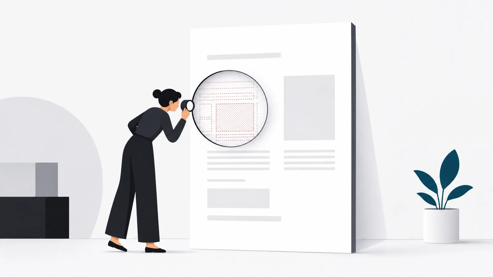 A figure examining a document through a loupe that reveals hidden omitted lines in red