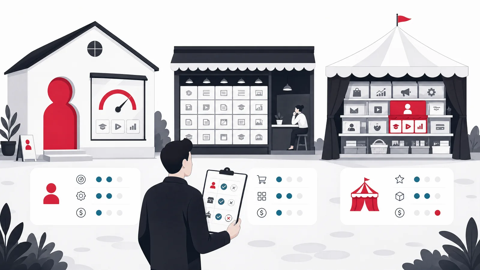 Three storefronts, a purpose-built academy house, a general LMS emporium and an all-in-one bazaar tent, compared by a shopper