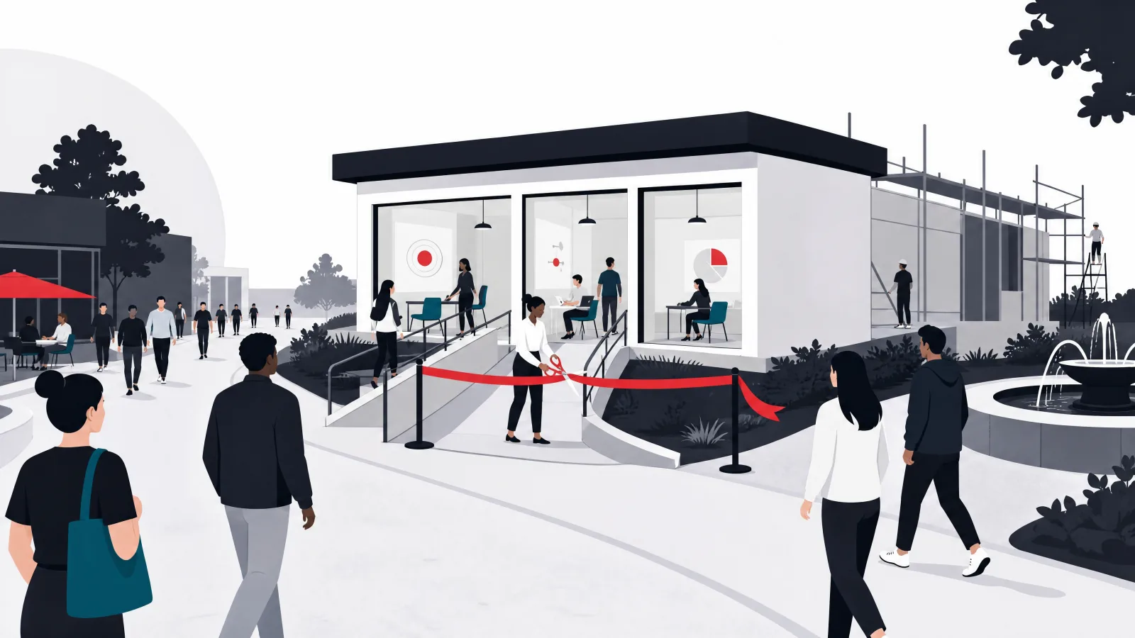 An academy pavilion opening its ramp onto an existing busy customer path between a product plaza and support fountain