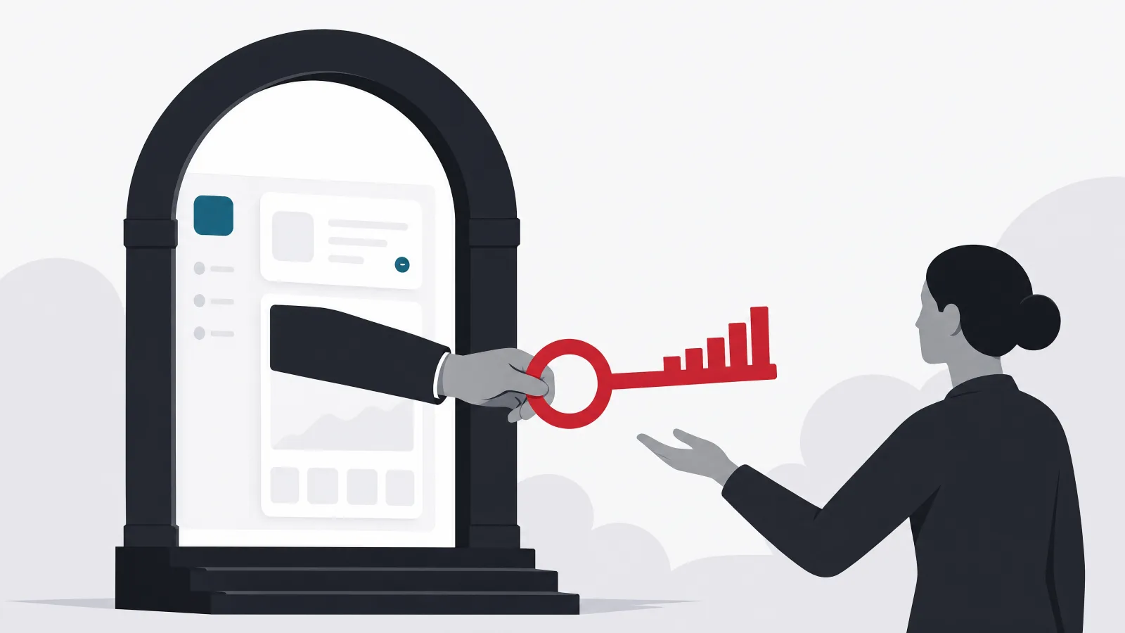 A large key with skill-bar teeth handed from an academy arch toward a glowing product interface