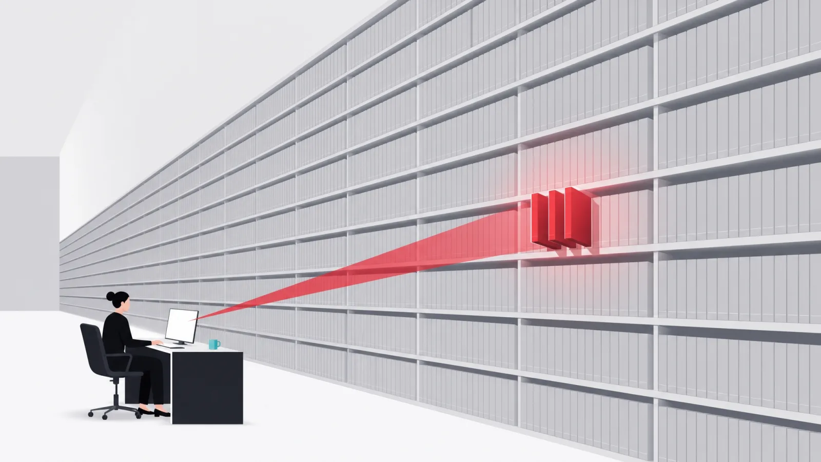 A red beam from a desk illuminating exactly three books in a vast gray library