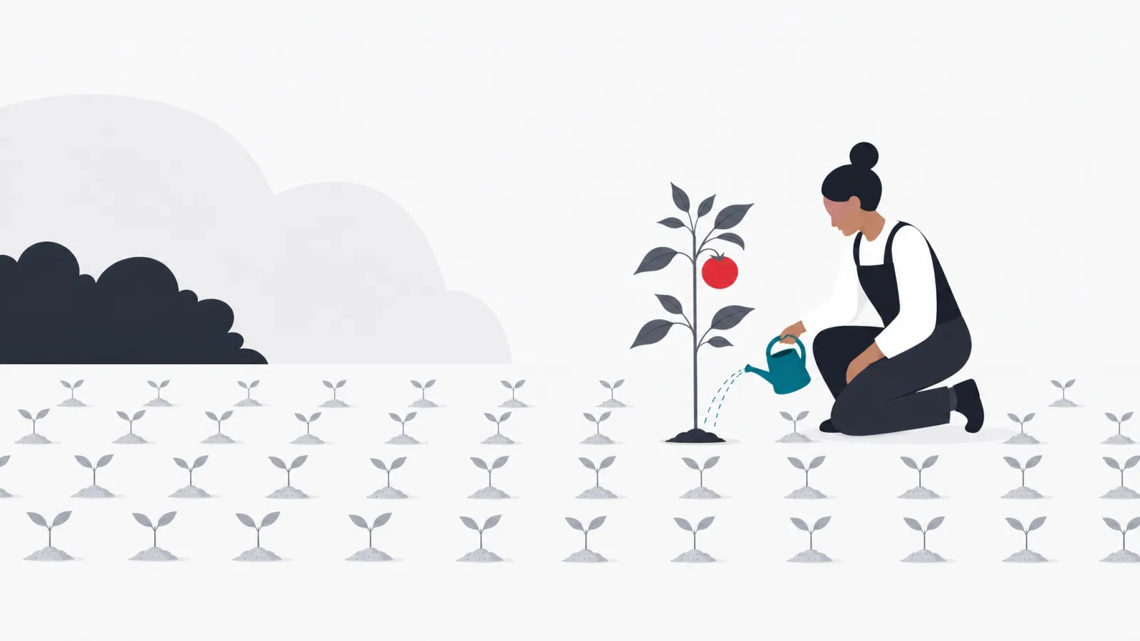 A gardener watering the one seedling bearing red fruit in a grid of identical gray seedlings