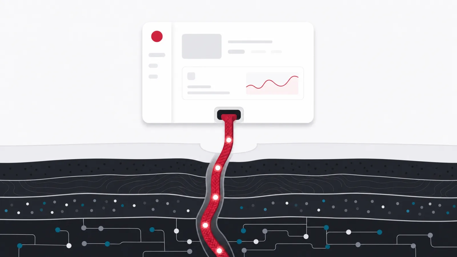 A product window fed by a red cable rooted in organized underground data layers