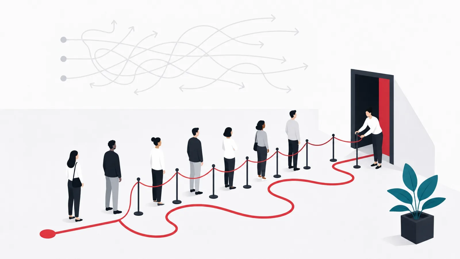 Figures in a deliberately designed queue winding toward a door, a tangle of arrows faint above