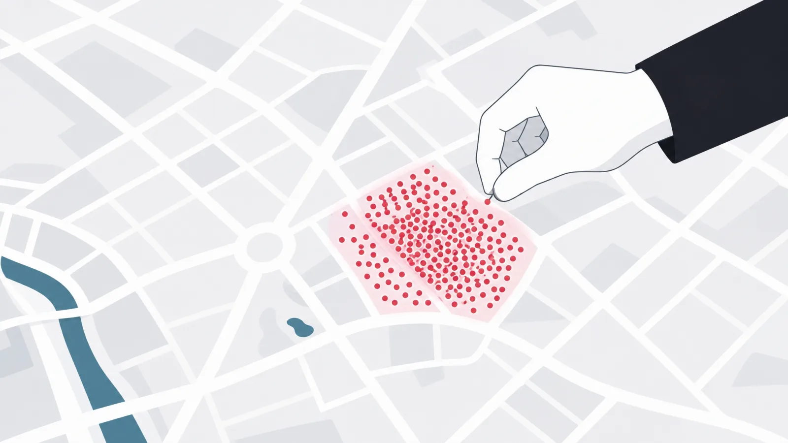 A city map where a hand concentrates red dots into one dense glowing neighborhood