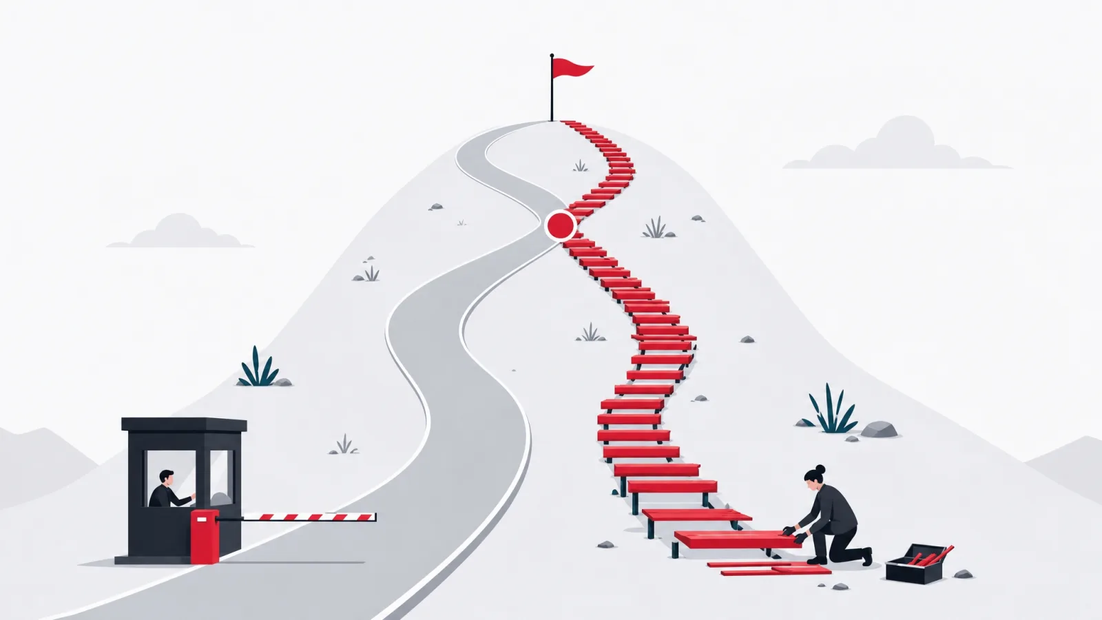 A tolled road and a hand-built staircase up one hill, crossing at a flagged point