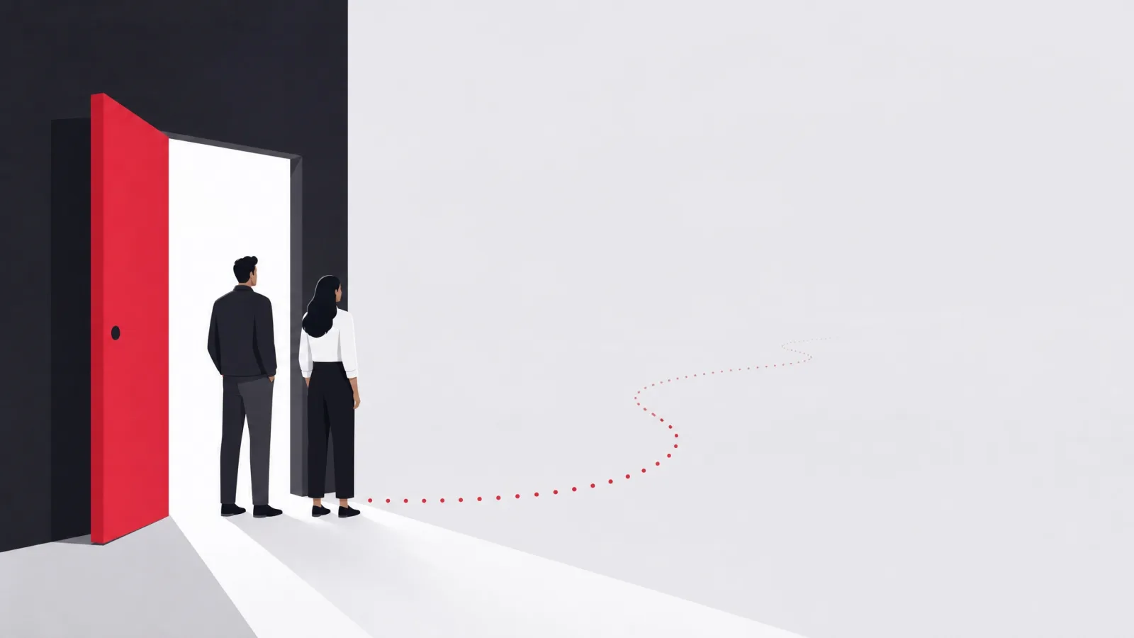 Two figures pausing at a doorway that opens onto an empty plain where a red path starts to appear