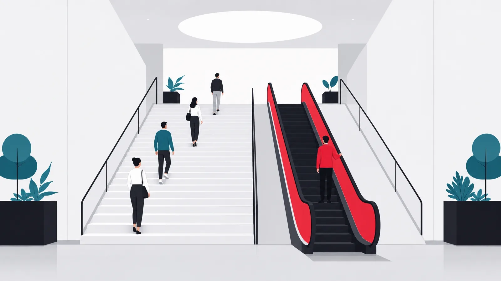 A staircase and a red escalator rising to the same open landing