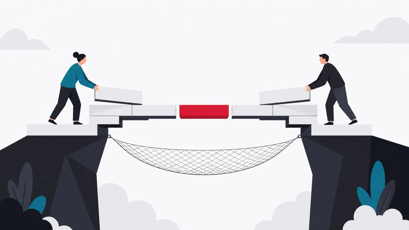 Two figures building a bridge toward each other over a fine safety net, one red plank from completion