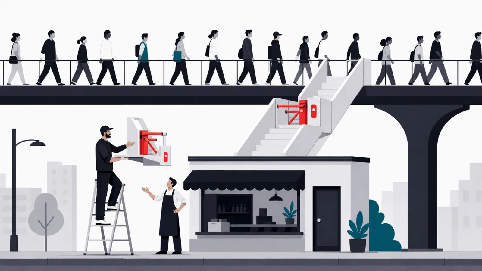 A vendor offering a small restaurant a staircase with a built-in toll gate connecting up to a crowded sky-bridge of customers