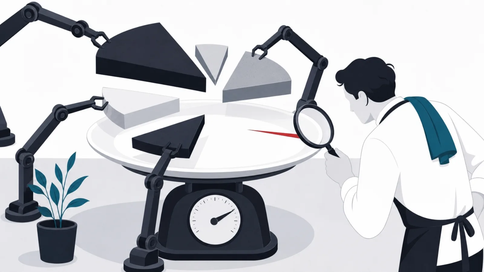 Mechanical arms lifting commission, processing, marketing, ingredient and labor wedges off a plate until a thin slice remains under a magnifier