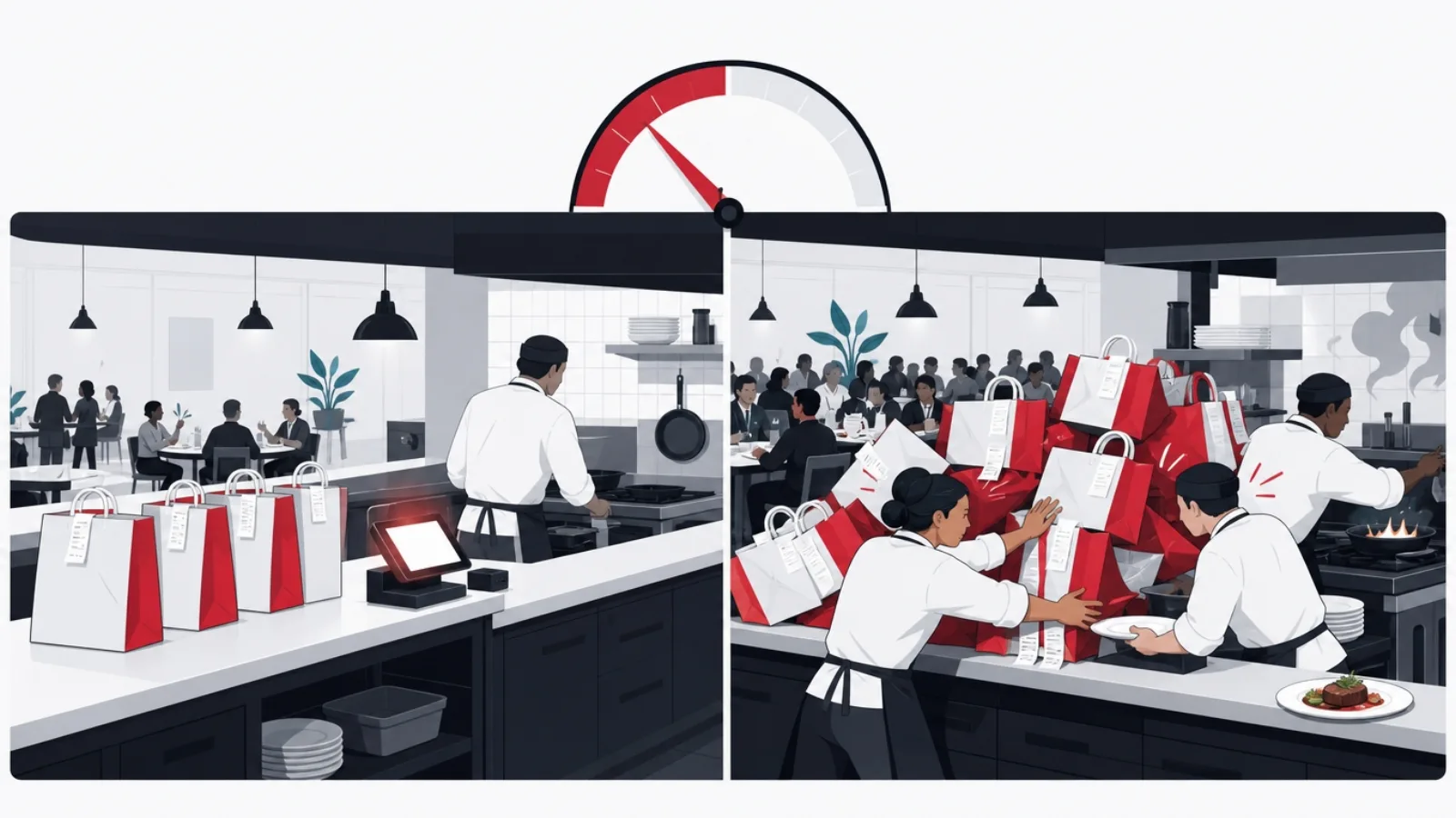 A split kitchen scene where delivery fills idle capacity beside a calm room on one side and crowds a full kitchen on the other