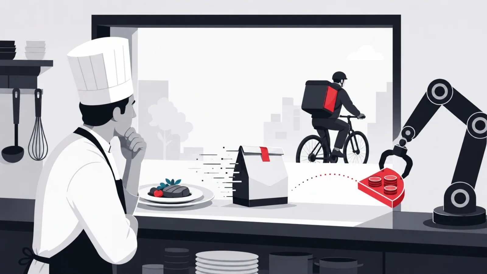 A plated dish becoming a sealed delivery bag at a kitchen pass while a mechanical arm lifts a wedge of coins from the counter