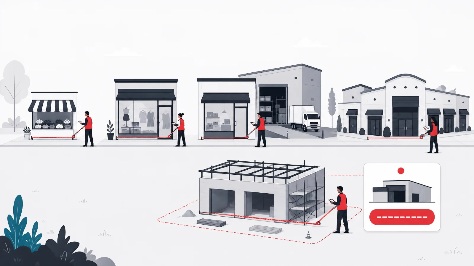 Four buildings at honest scales, stall, boutique, warehouse-backed shop and marketplace complex, measured by tapes