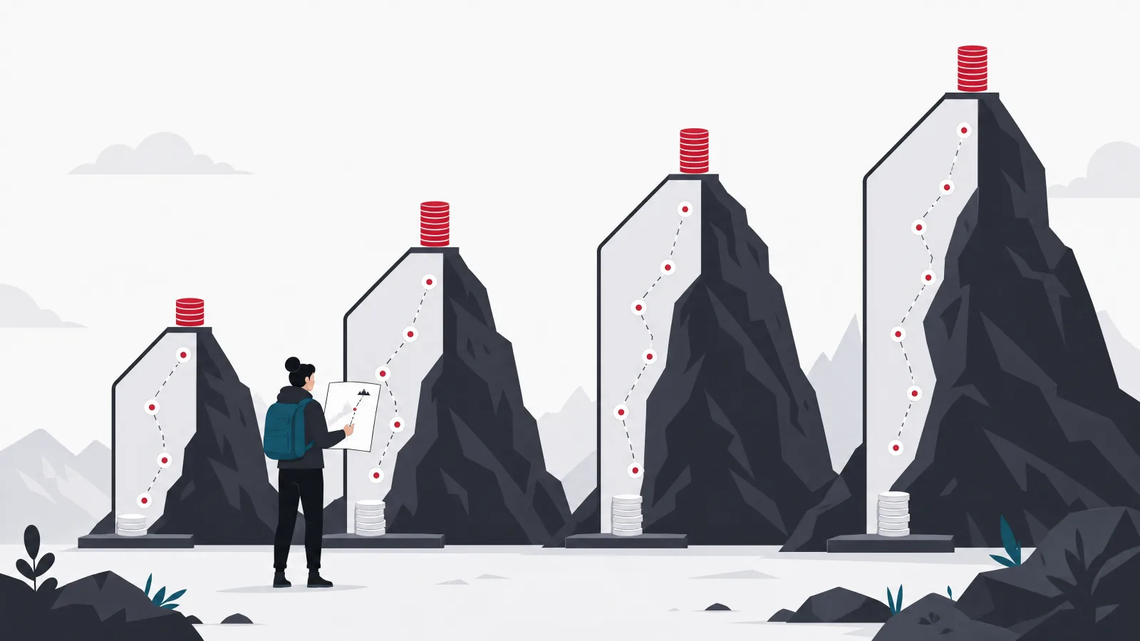 Four ascending peaks with small coin stacks at each base and taller stacks at each summit connected by climbing routes