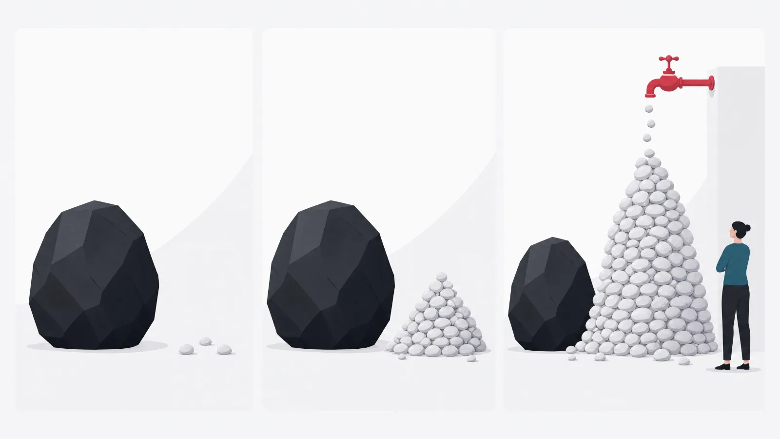 Three panels where a build boulder is gradually outgrown by a pile of fee pebbles fed by a dripping faucet