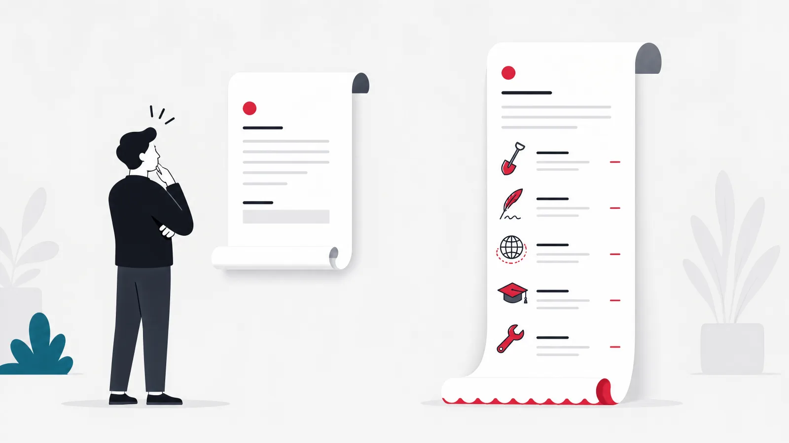 A short proposal scroll beside a longer invoice scroll whose extra length carries shovel, quill, globe, cap and wrench motifs