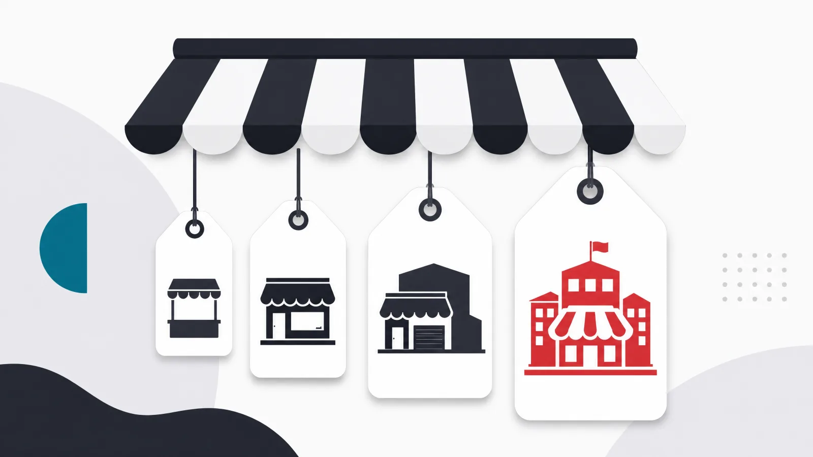 Four ascending price tags under one awning, each with a store-shape glyph from stall to marketplace