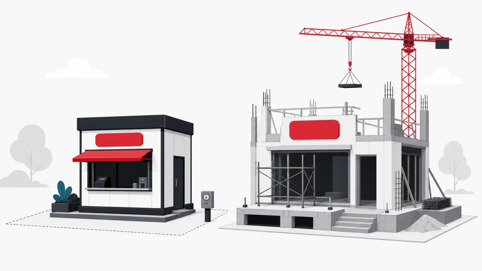 A modular kiosk on a metered rented plot beside a custom building with its own foundations