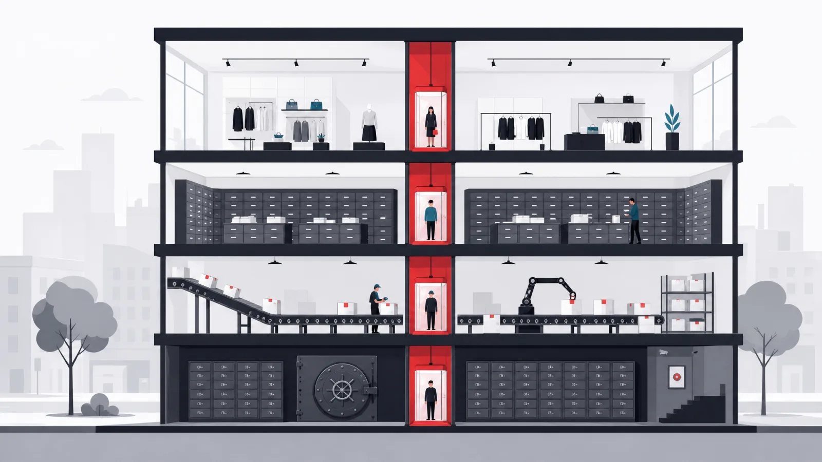 A four-floor cutaway building connected by one red elevator, from showroom to ledger